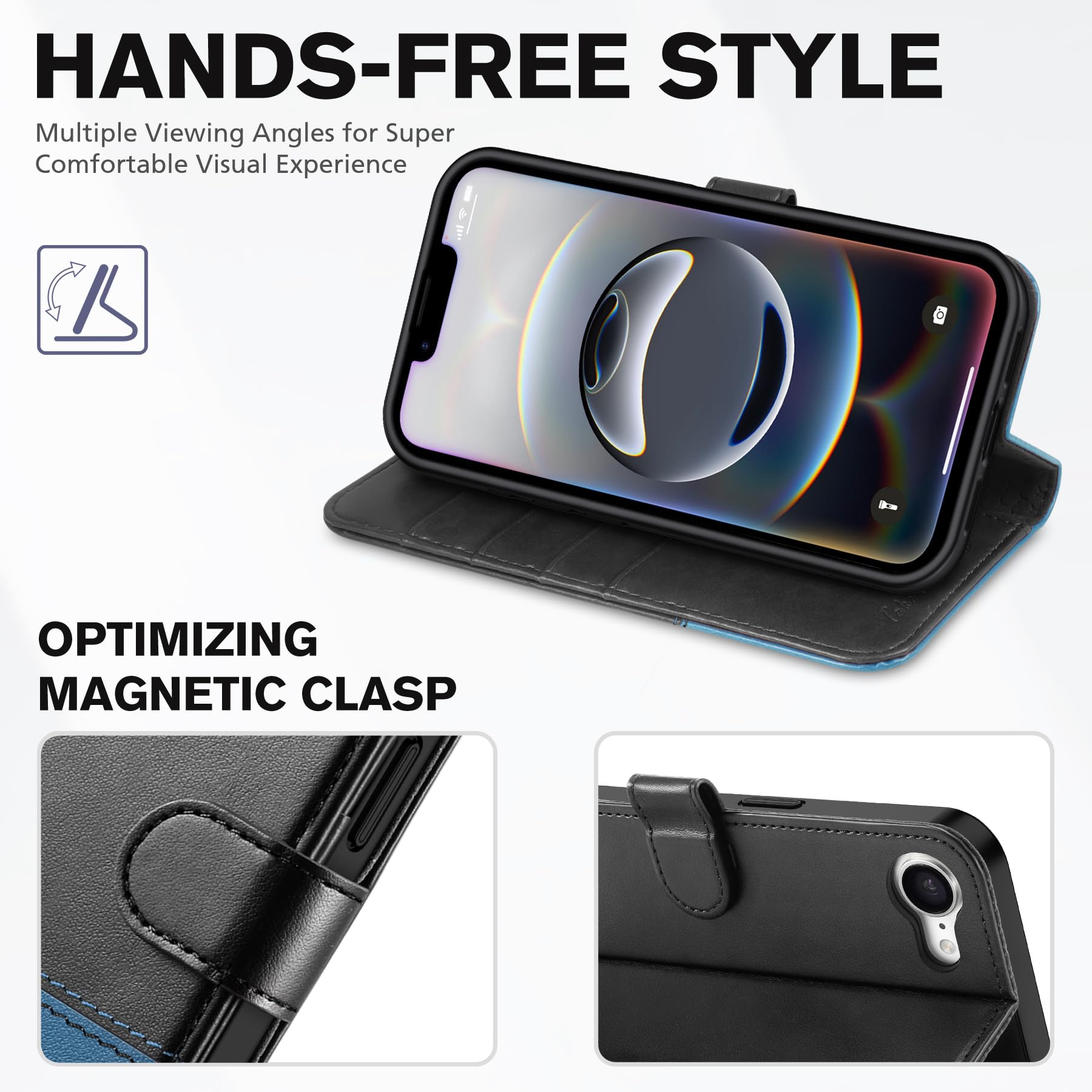 iPhone 16e, [RFID Blocking] 4 Card Holder Kickstand [Shockproof TPU Inner Case] PU Leather Magnetic Closure Protective Cover Compatible with iPhone 16e 6.1" 2025, Black - 7DAY'S