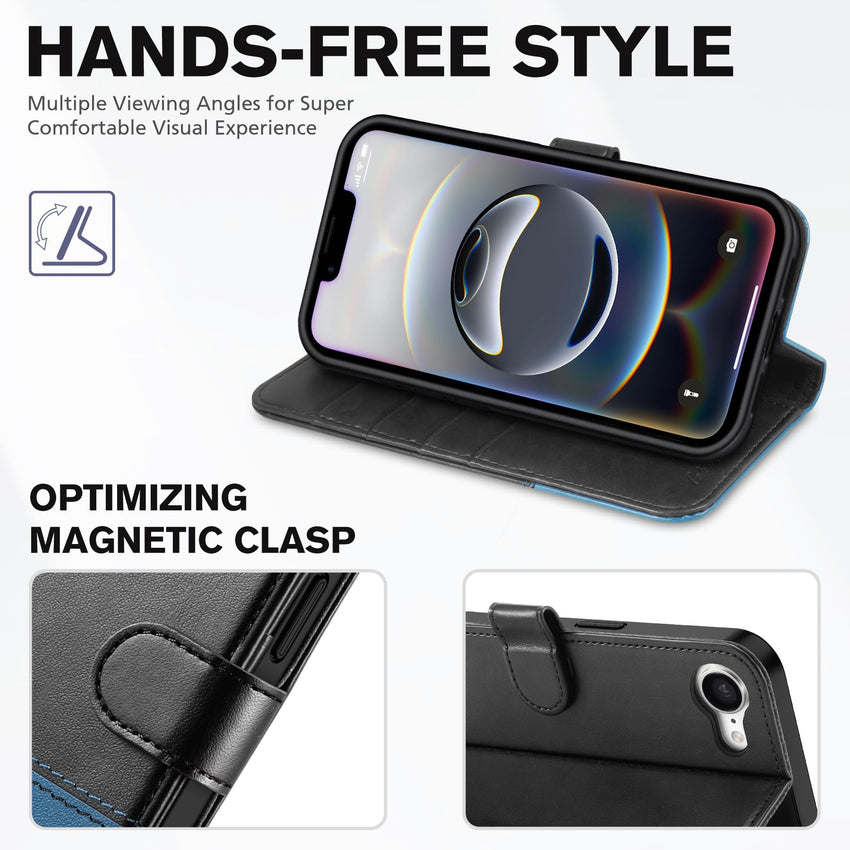 iPhone 16e, [RFID Blocking] 4 Card Holder Kickstand [Shockproof TPU Inner Case] PU Leather Magnetic Closure Protective Cover Compatible with iPhone 16e 6.1" 2025, Black - 7DAY'S