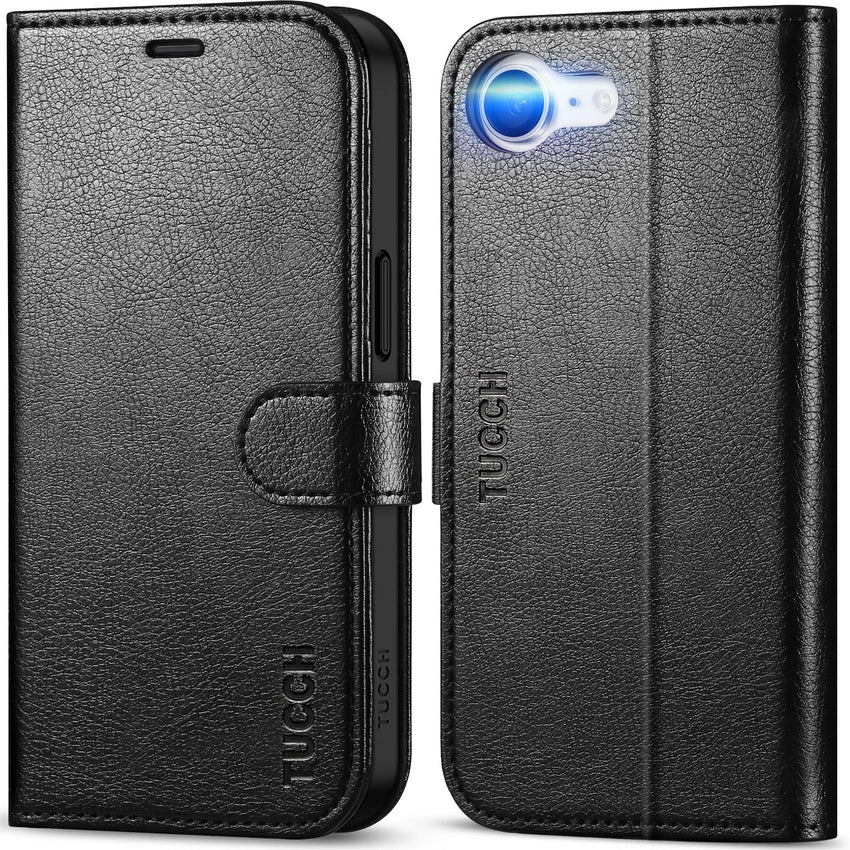 iPhone 16e, [RFID Blocking] 4 Card Holder Kickstand [Shockproof TPU Inner Case] PU Leather Magnetic Closure Protective Cover Compatible with iPhone 16e 6.1" 2025, Black - 7DAY'S