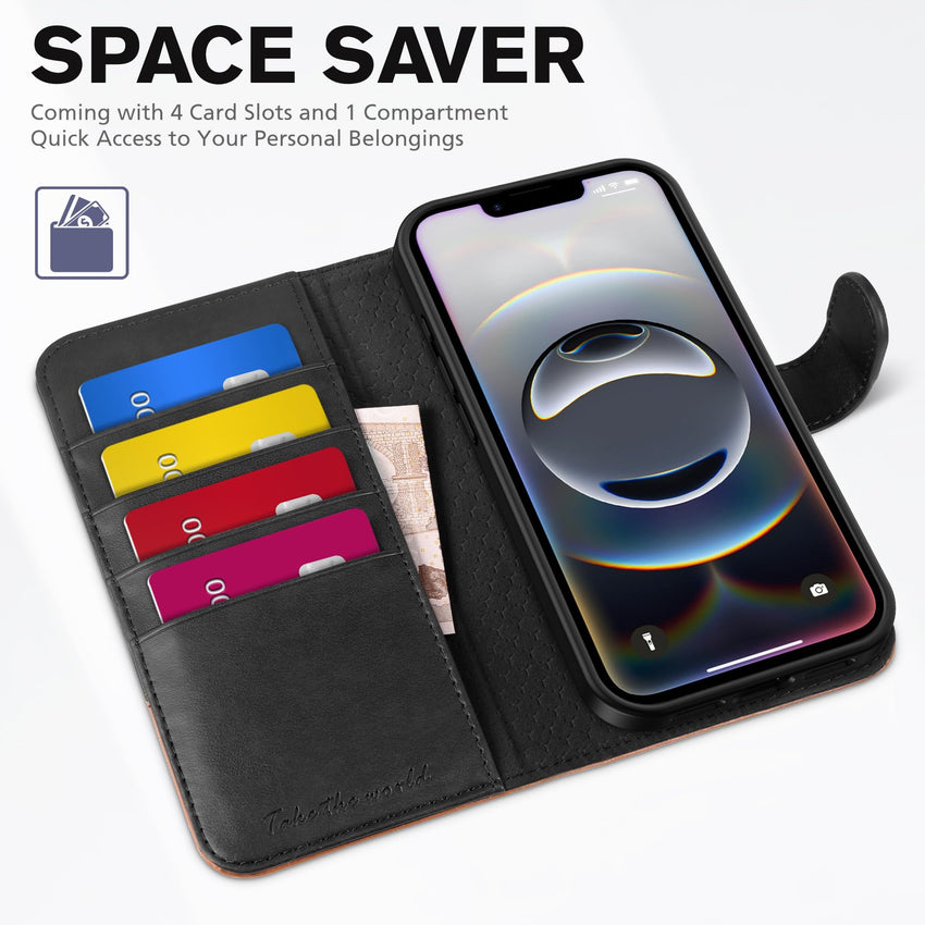 iPhone 16e, [RFID Blocking] 4 Card Holder Kickstand [Shockproof TPU Inner Case] PU Leather Magnetic Closure Protective Cover Compatible with iPhone 16e 6.1" 2025, Black - 7DAY'S