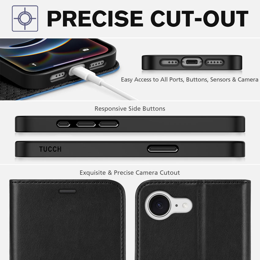 iPhone 16e, [RFID Blocking] 4 Card Holder Kickstand [Shockproof TPU Inner Case] PU Leather Magnetic Closure Protective Cover Compatible with iPhone 16e 6.1" 2025, Black - 7DAY'S