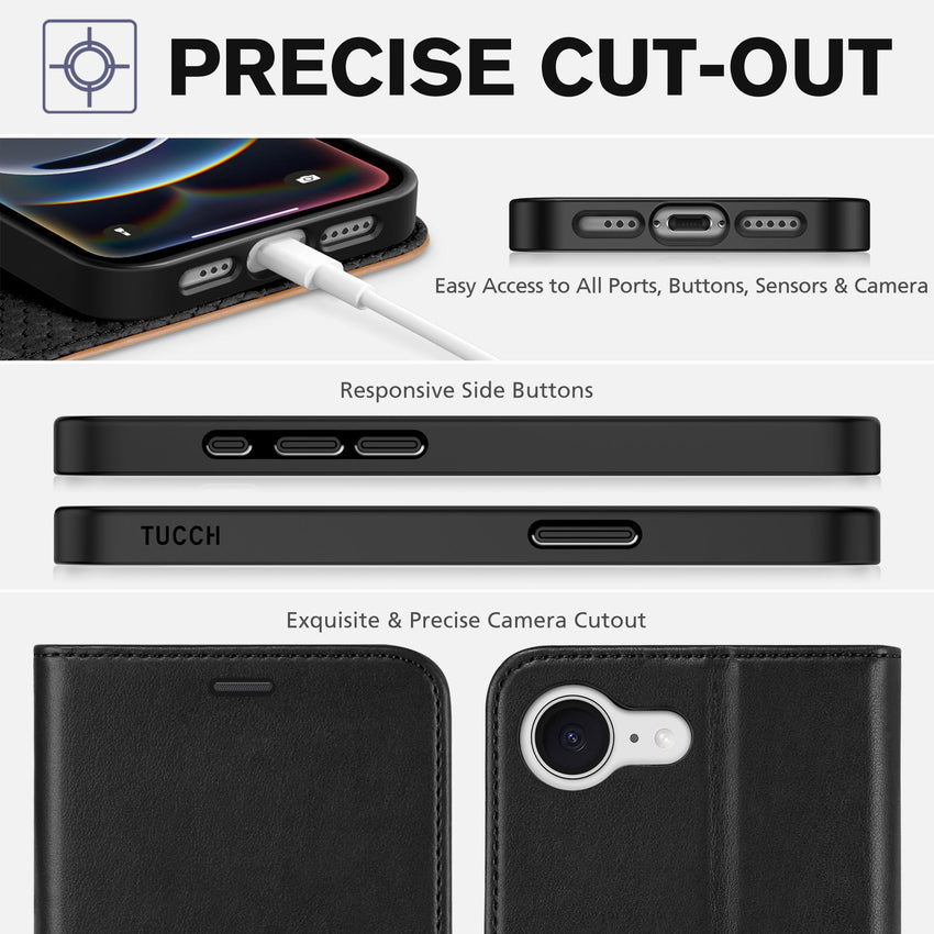 iPhone 16e, [RFID Blocking] 4 Card Holder Kickstand [Shockproof TPU Inner Case] PU Leather Magnetic Closure Protective Cover Compatible with iPhone 16e 6.1" 2025, Black - 7DAY'S