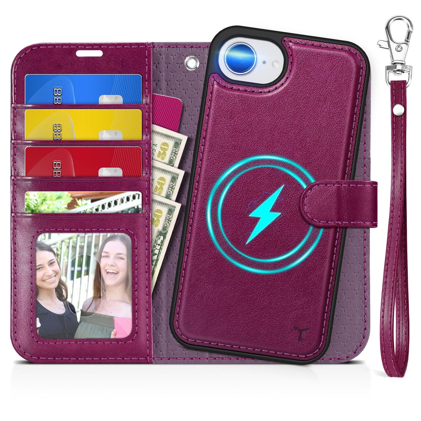 iPhone 16e Wallet 6.1", [Wrist Strap] [Detachable] Magnetic PU Leather Wallet Case RFID Blocking [Wireless Charging] 4 Card Holders Stand Folio Cover for iPhone 16e, Plum Purple - 7DAY'S