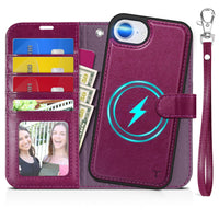 iPhone 16e Wallet 6.1", [Wrist Strap] [Detachable] Magnetic PU Leather Wallet Case RFID Blocking [Wireless Charging] 4 Card Holders Stand Folio Cover for iPhone 16e, Plum Purple - 7DAY'S