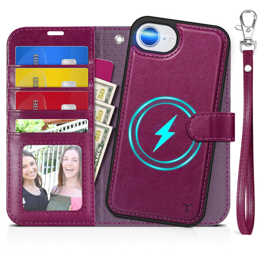 iPhone 16e Wallet 6.1", [Wrist Strap] [Detachable] Magnetic PU Leather Wallet Case RFID Blocking [Wireless Charging] 4 Card Holders Stand Folio Cover for iPhone 16e, Plum Purple - 7DAY'S