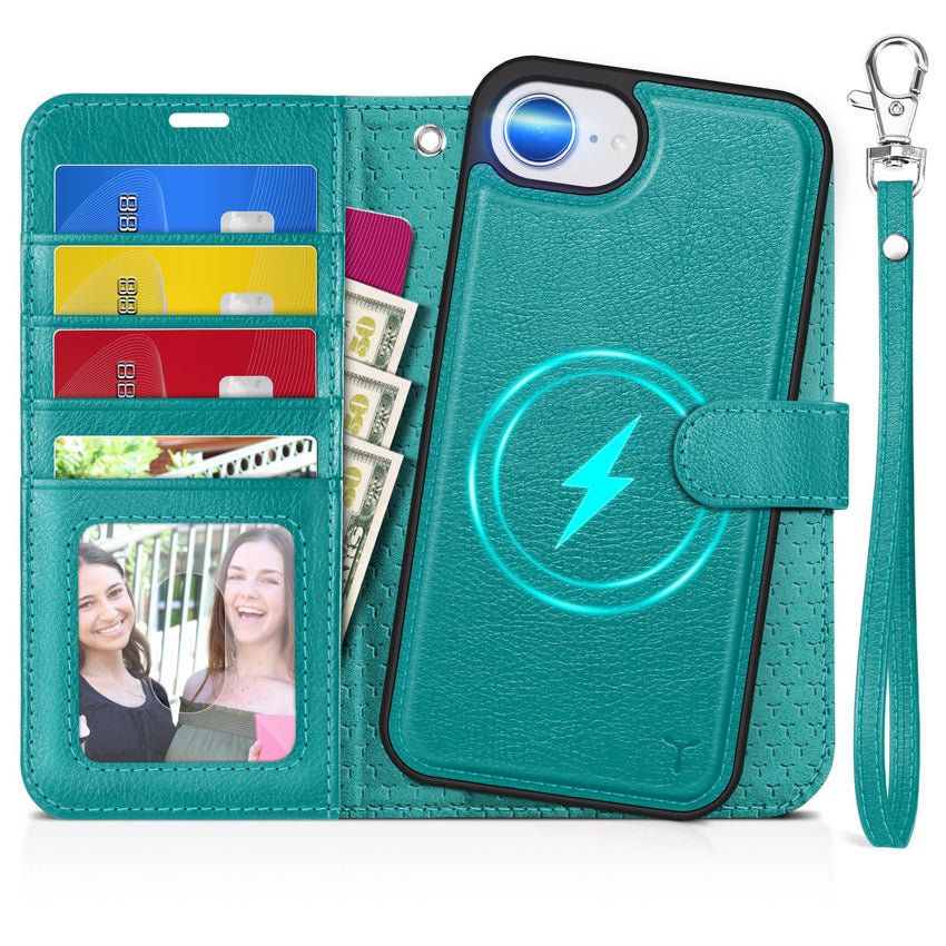 iPhone 16e Wallet 6.1", [Wrist Strap] [Detachable] Magnetic PU Leather Wallet Case RFID Blocking [Wireless Charging] 4 Card Holders Stand Folio Cover for iPhone 16e, Plum Purple - 7DAY'S