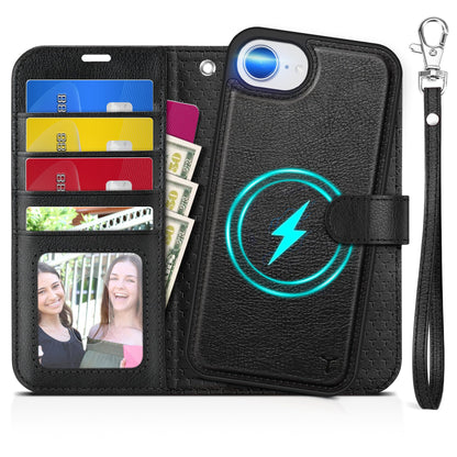 iPhone 16e Wallet 6.1", [Wrist Strap] [Detachable] Magnetic PU Leather Wallet Case RFID Blocking [Wireless Charging] 4 Card Holders Stand Folio Cover for iPhone 16e, Plum Purple - 7DAY'S