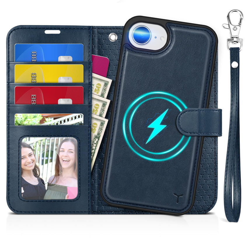 iPhone 16e Wallet 6.1", [Wrist Strap] [Detachable] Magnetic PU Leather Wallet Case RFID Blocking [Wireless Charging] 4 Card Holders Stand Folio Cover for iPhone 16e, Plum Purple - 7DAY'S