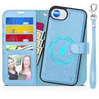 iPhone 16e Wallet 6.1", [Wrist Strap] [Detachable] Magnetic PU Leather Wallet Case RFID Blocking [Wireless Charging] 4 Card Holders Stand Folio Cover for iPhone 16e, Plum Purple - 7DAY'S