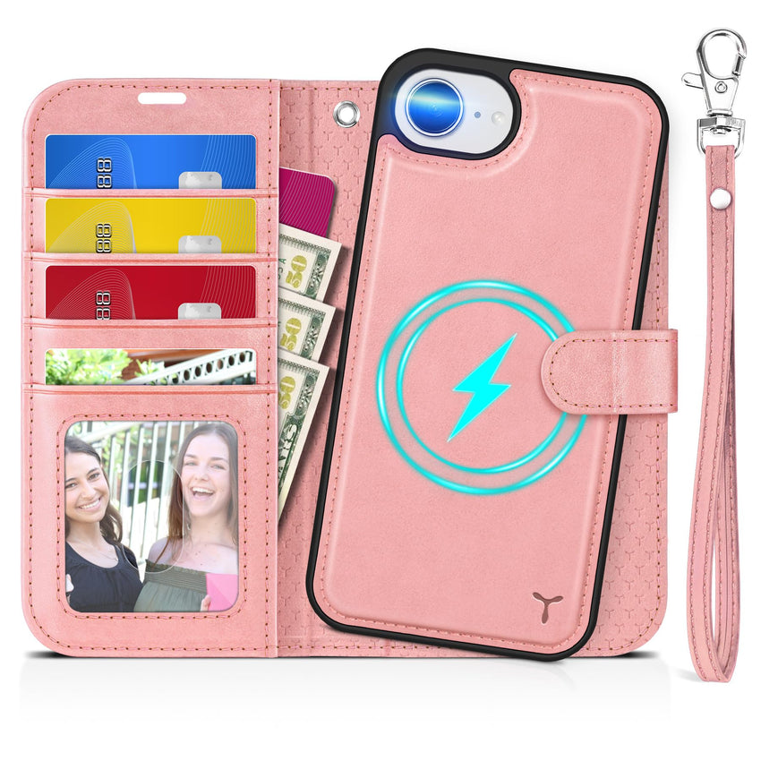 iPhone 16e Wallet 6.1", [Wrist Strap] [Detachable] Magnetic PU Leather Wallet Case RFID Blocking [Wireless Charging] 4 Card Holders Stand Folio Cover for iPhone 16e, Plum Purple - 7DAY'S
