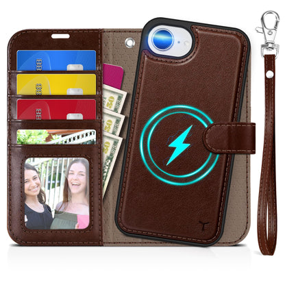 iPhone 16e Wallet 6.1", [Wrist Strap] [Detachable] Magnetic PU Leather Wallet Case RFID Blocking [Wireless Charging] 4 Card Holders Stand Folio Cover for iPhone 16e, Plum Purple - 7DAY'S