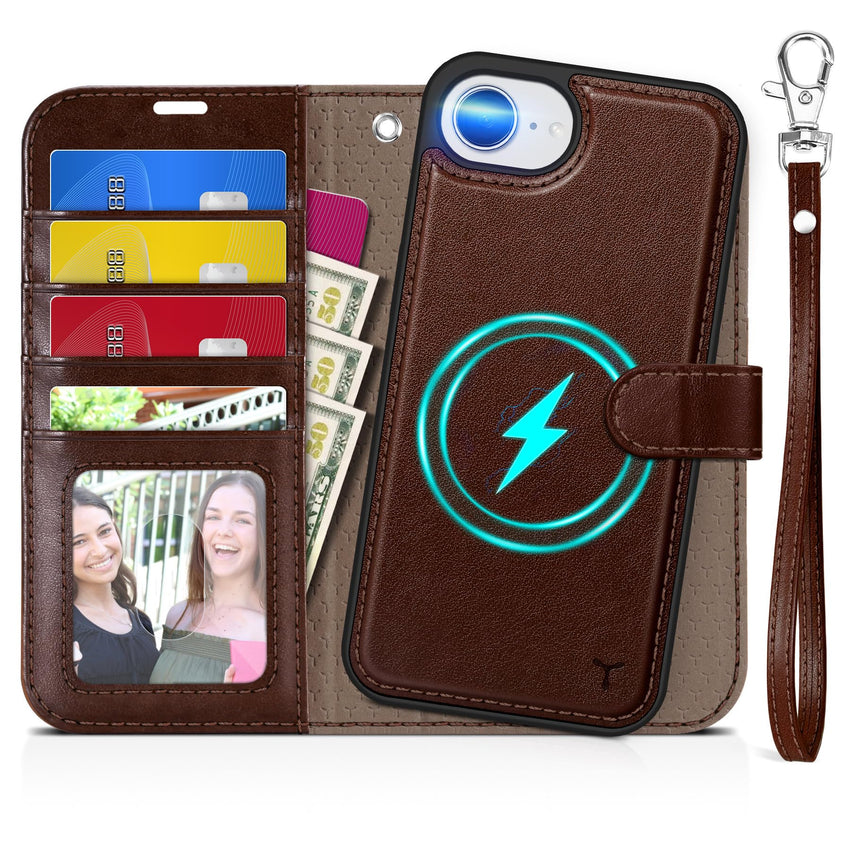iPhone 16e Wallet 6.1", [Wrist Strap] [Detachable] Magnetic PU Leather Wallet Case RFID Blocking [Wireless Charging] 4 Card Holders Stand Folio Cover for iPhone 16e, Plum Purple - 7DAY'S