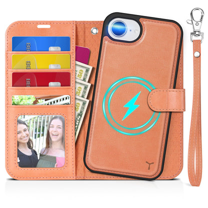 iPhone 16e Wallet 6.1", [Wrist Strap] [Detachable] Magnetic PU Leather Wallet Case RFID Blocking [Wireless Charging] 4 Card Holders Stand Folio Cover for iPhone 16e, Plum Purple - 7DAY'S