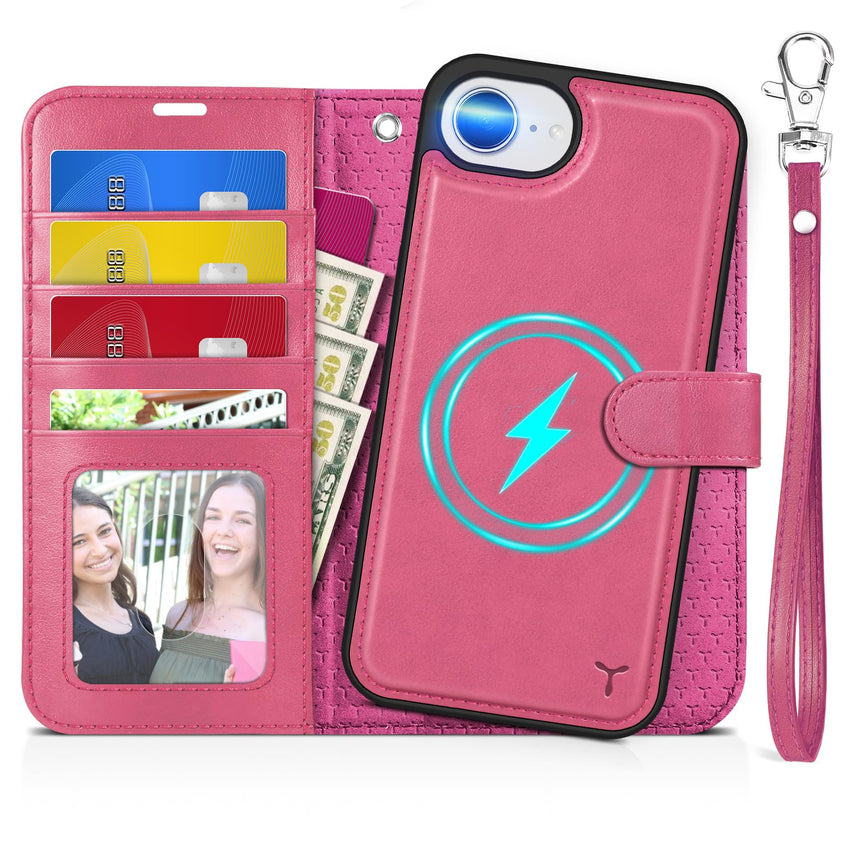 iPhone 16e Wallet 6.1", [Wrist Strap] [Detachable] Magnetic PU Leather Wallet Case RFID Blocking [Wireless Charging] 4 Card Holders Stand Folio Cover for iPhone 16e, Plum Purple - 7DAY'S