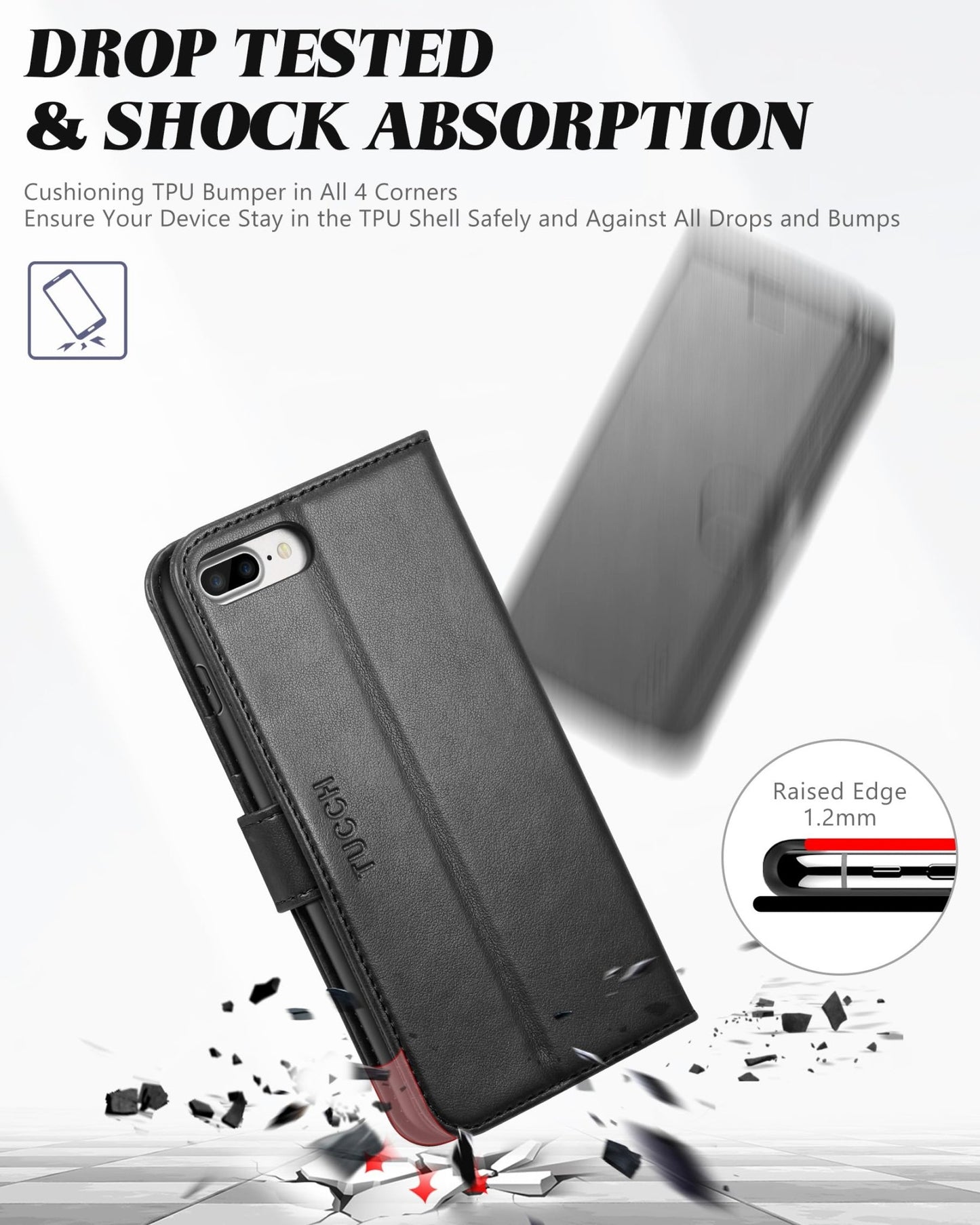 iPhone 8 Plus/iPhone 7 Plus, PU Leather Flip Cover with Card Slot Stand Holder, Magnetic Closure Shockproof TPU Interior Case Compatible with iPhone 7 Plus/8 Plus, Black - 7DAY'S