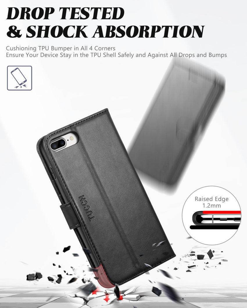 iPhone 8 Plus/iPhone 7 Plus, PU Leather Flip Cover with Card Slot Stand Holder, Magnetic Closure Shockproof TPU Interior Case Compatible with iPhone 7 Plus/8 Plus, Black - 7DAY'S