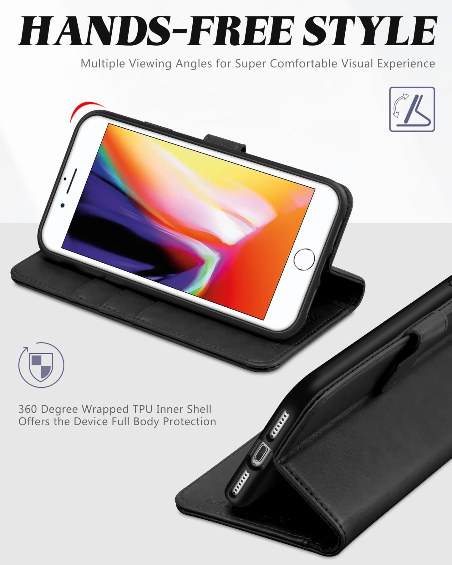 iPhone 8 Plus/iPhone 7 Plus, PU Leather Flip Cover with Card Slot Stand Holder, Magnetic Closure Shockproof TPU Interior Case Compatible with iPhone 7 Plus/8 Plus, Black - 7DAY'S