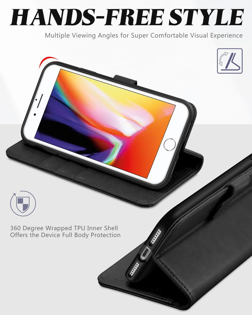iPhone 8 Plus/iPhone 7 Plus, PU Leather Flip Cover with Card Slot Stand Holder, Magnetic Closure Shockproof TPU Interior Case Compatible with iPhone 7 Plus/8 Plus, Black - 7DAY'S