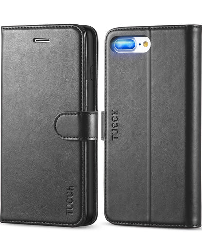 iPhone 8 Plus/iPhone 7 Plus, PU Leather Flip Cover with Card Slot Stand Holder, Magnetic Closure Shockproof TPU Interior Case Compatible with iPhone 7 Plus/8 Plus, Black - 7DAY'S