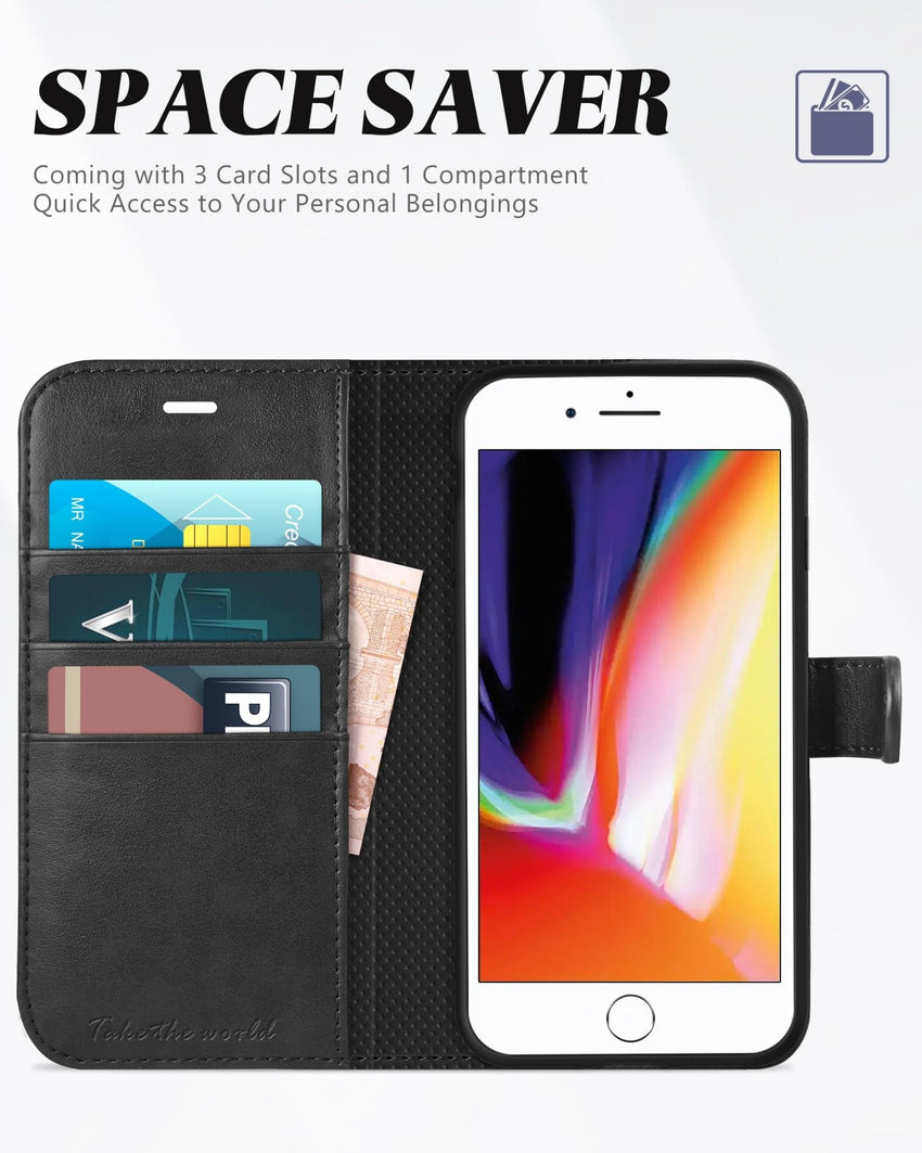 iPhone 8 Plus/iPhone 7 Plus, PU Leather Flip Cover with Card Slot Stand Holder, Magnetic Closure Shockproof TPU Interior Case Compatible with iPhone 7 Plus/8 Plus, Black - 7DAY'S