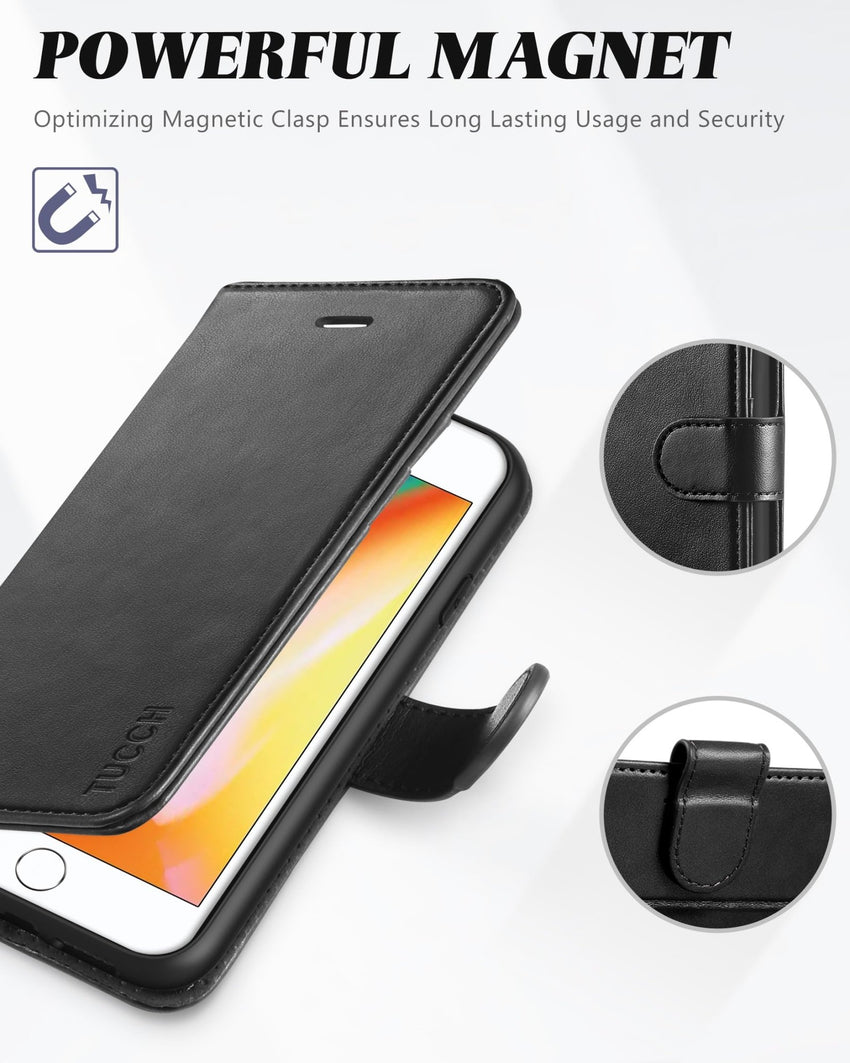 iPhone 8 Plus/iPhone 7 Plus, PU Leather Flip Cover with Card Slot Stand Holder, Magnetic Closure Shockproof TPU Interior Case Compatible with iPhone 7 Plus/8 Plus, Black - 7DAY'S