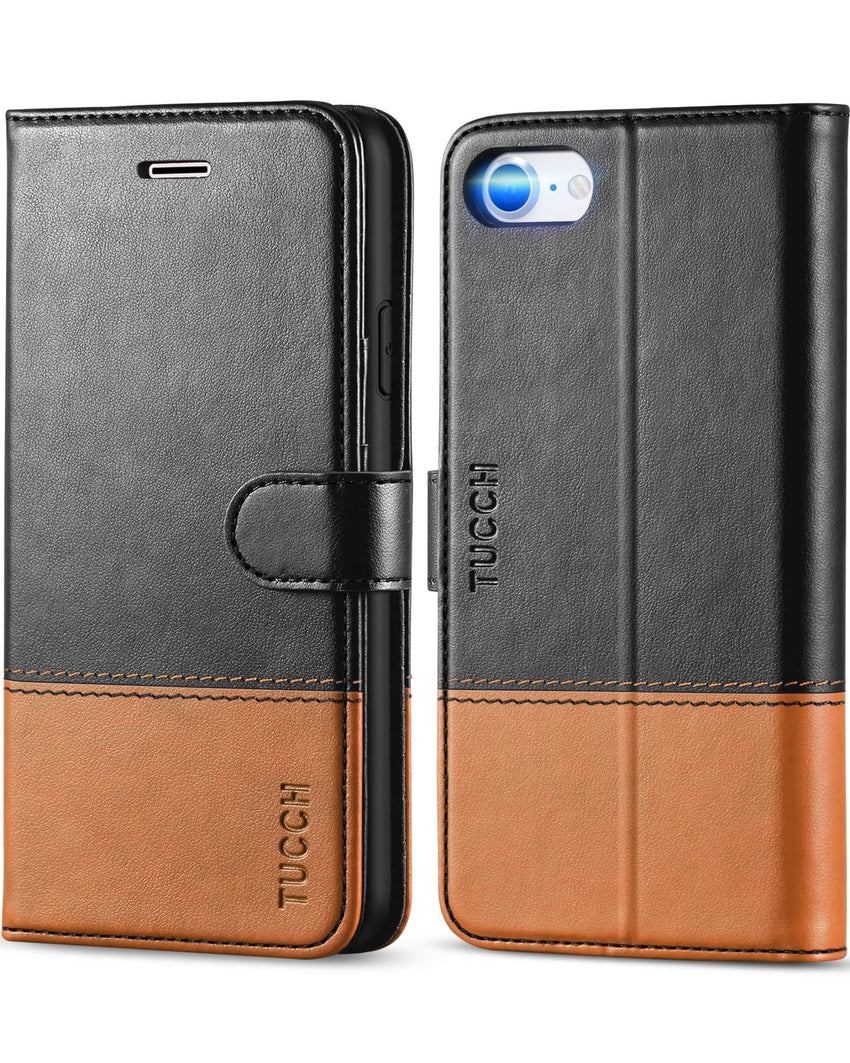 iPhone SE 2022/ iPhone 7/8/iPhone SE 2020, PU Leather 3 Card Slots Stand Magnetic Flip Folio Cover TPU Shockproof Inner Shell, Black - 7DAY'S