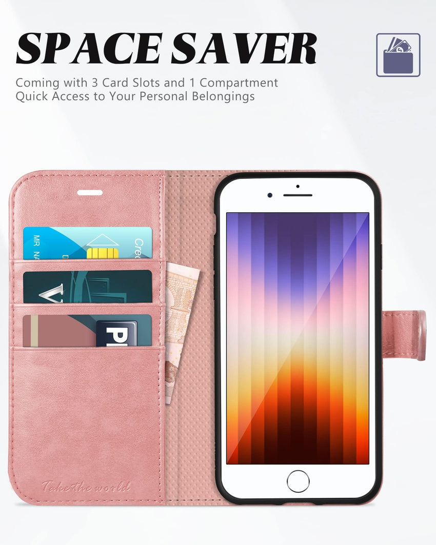 iPhone SE 2022/ iPhone 7/8/iPhone SE 2020, PU Leather 3 Card Slots Stand Magnetic Flip Folio Cover TPU Shockproof Inner Shell, Black - 7DAY'S