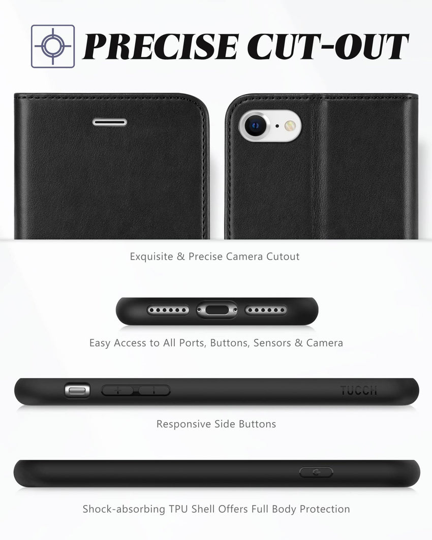iPhone SE 2022/ iPhone 7/8/iPhone SE 2020, PU Leather 3 Card Slots Stand Magnetic Flip Folio Cover TPU Shockproof Inner Shell, Black - 7DAY'S