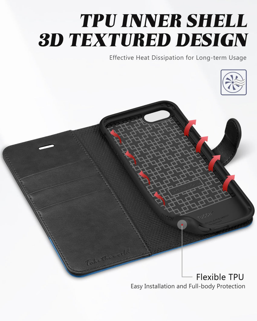 iPhone SE 2022/ iPhone 7/8/iPhone SE 2020, PU Leather 3 Card Slots Stand Magnetic Flip Folio Cover TPU Shockproof Inner Shell, Black - 7DAY'S