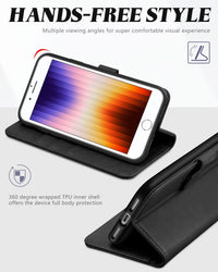 iPhone SE 2022/ iPhone 7/8/iPhone SE 2020, PU Leather 3 Card Slots Stand Magnetic Flip Folio Cover TPU Shockproof Inner Shell, Black - 7DAY'S