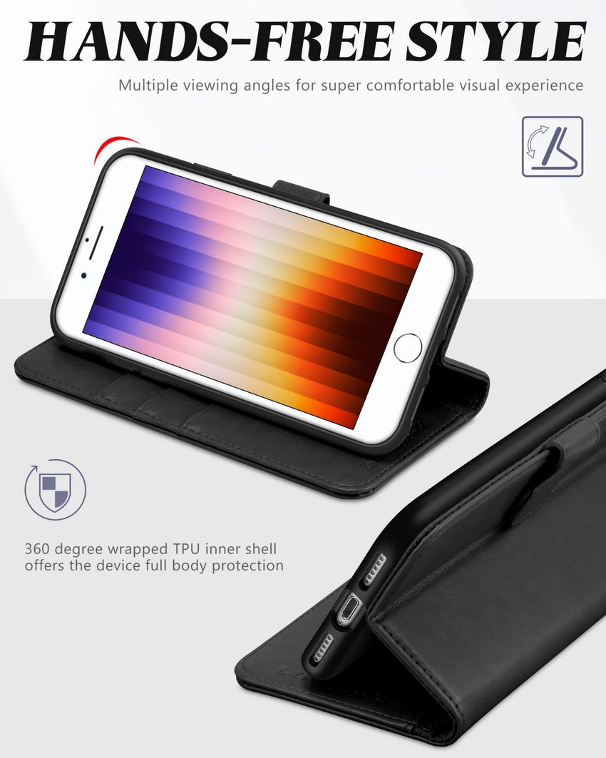 iPhone SE 2022/ iPhone 7/8/iPhone SE 2020, PU Leather 3 Card Slots Stand Magnetic Flip Folio Cover TPU Shockproof Inner Shell, Black - 7DAY'S