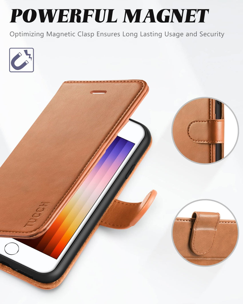 iPhone SE 2022/ iPhone 7/8/iPhone SE 2020, PU Leather 3 Card Slots Stand Magnetic Flip Folio Cover TPU Shockproof Inner Shell, Black - 7DAY'S