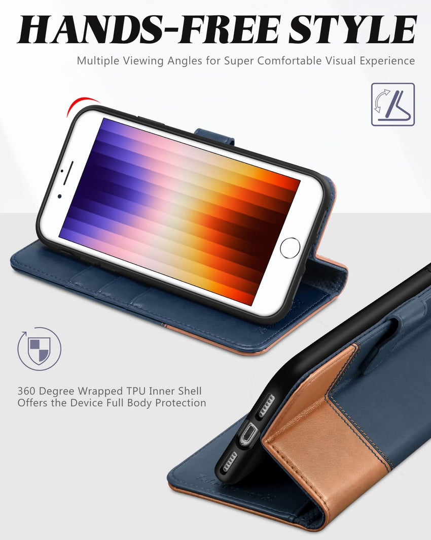 iPhone SE 2022/ iPhone 7/8/iPhone SE 2020, PU Leather 3 Card Slots Stand Magnetic Flip Folio Cover TPU Shockproof Inner Shell, Black - 7DAY'S