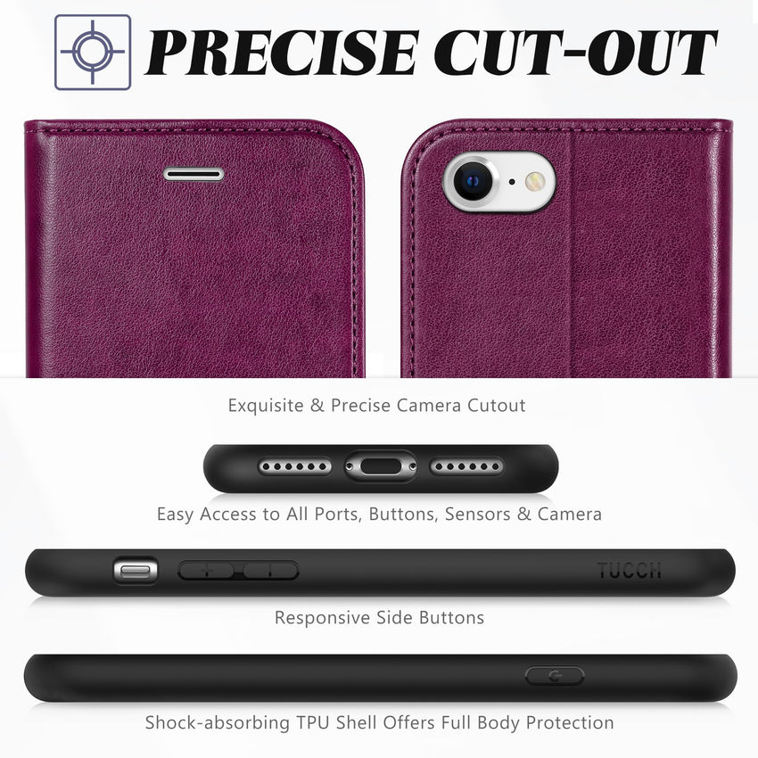 iPhone SE 2022/ iPhone 7/8/iPhone SE 2020, PU Leather 3 Card Slots Stand Magnetic Flip Folio Cover TPU Shockproof Inner Shell, Black - 7DAY'S