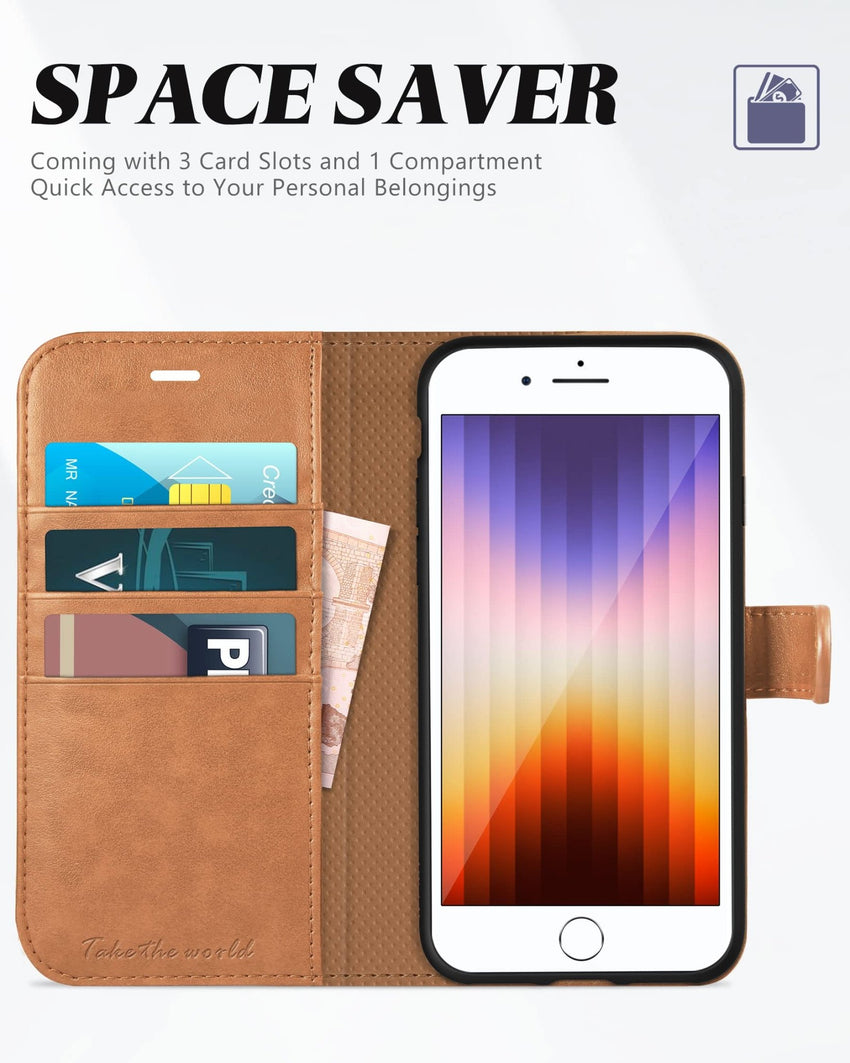 iPhone SE 2022/ iPhone 7/8/iPhone SE 2020, PU Leather 3 Card Slots Stand Magnetic Flip Folio Cover TPU Shockproof Inner Shell, Black - 7DAY'S