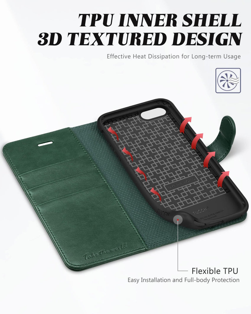 iPhone SE 2022/ iPhone 7/8/iPhone SE 2020, PU Leather 3 Card Slots Stand Magnetic Flip Folio Cover TPU Shockproof Inner Shell, Black - 7DAY'S