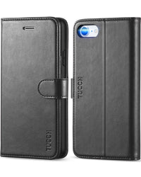 iPhone SE 2022/ iPhone 7/8/iPhone SE 2020, PU Leather 3 Card Slots Stand Magnetic Flip Folio Cover TPU Shockproof Inner Shell, Black - 7DAY'S