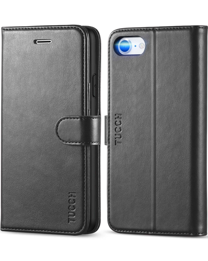 iPhone SE 2022/ iPhone 7/8/iPhone SE 2020, PU Leather 3 Card Slots Stand Magnetic Flip Folio Cover TPU Shockproof Inner Shell, Black - 7DAY'S