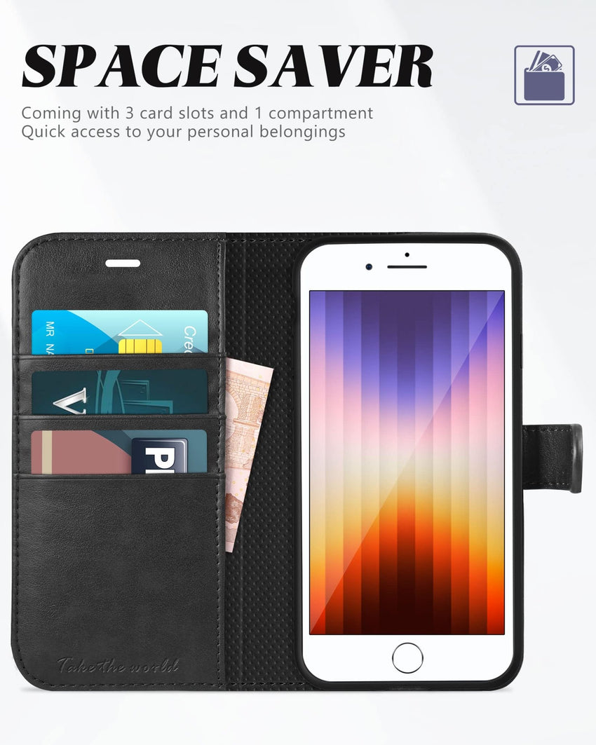 iPhone SE 2022/ iPhone 7/8/iPhone SE 2020, PU Leather 3 Card Slots Stand Magnetic Flip Folio Cover TPU Shockproof Inner Shell, Black - 7DAY'S