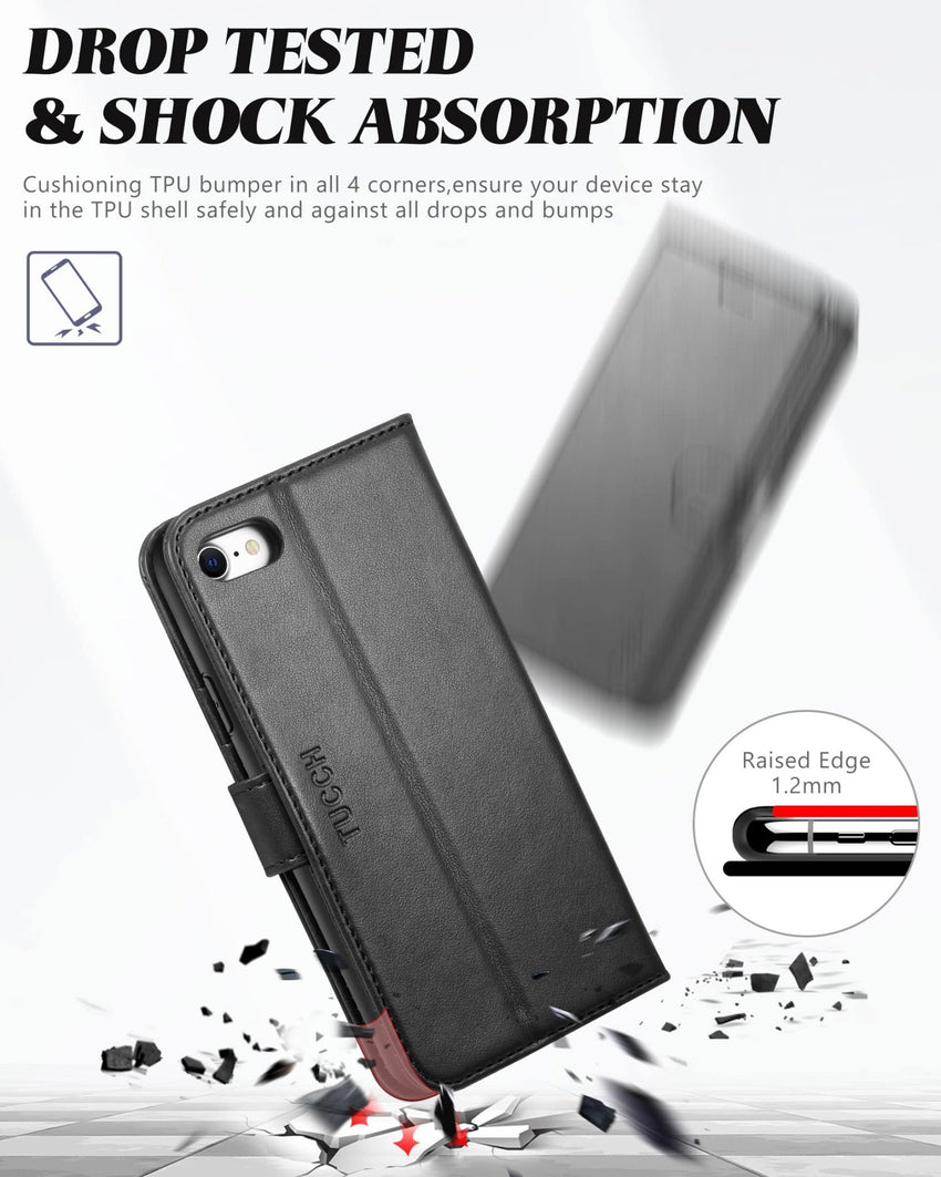 iPhone SE 2022/ iPhone 7/8/iPhone SE 2020, PU Leather 3 Card Slots Stand Magnetic Flip Folio Cover TPU Shockproof Inner Shell, Black - 7DAY'S