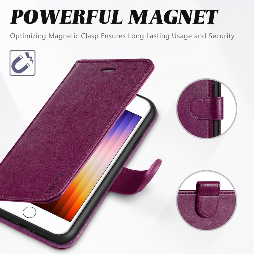 iPhone SE 2022/ iPhone 7/8/iPhone SE 2020, PU Leather 3 Card Slots Stand Magnetic Flip Folio Cover TPU Shockproof Inner Shell, Black - 7DAY'S