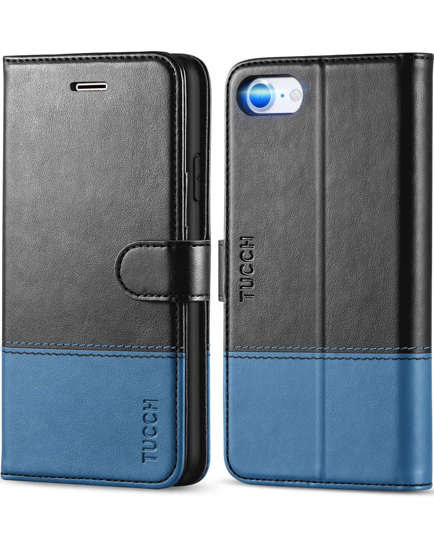 iPhone SE 2022/ iPhone 7/8/iPhone SE 2020, PU Leather 3 Card Slots Stand Magnetic Flip Folio Cover TPU Shockproof Inner Shell, Black - 7DAY'S