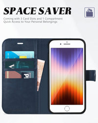 iPhone SE 2022/ iPhone 7/8/iPhone SE 2020, PU Leather 3 Card Slots Stand Magnetic Flip Folio Cover TPU Shockproof Inner Shell, Black - 7DAY'S