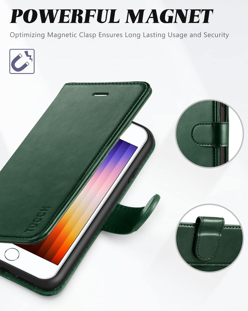 iPhone SE 2022/ iPhone 7/8/iPhone SE 2020, PU Leather 3 Card Slots Stand Magnetic Flip Folio Cover TPU Shockproof Inner Shell, Black - 7DAY'S