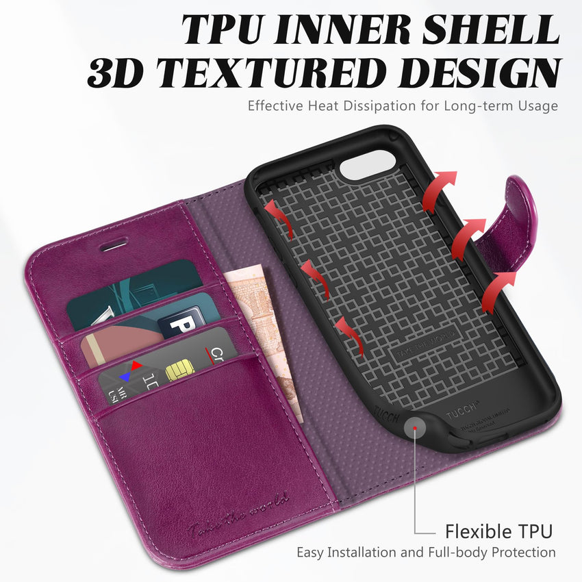 iPhone SE 2022/ iPhone 7/8/iPhone SE 2020, PU Leather 3 Card Slots Stand Magnetic Flip Folio Cover TPU Shockproof Inner Shell, Black - 7DAY'S