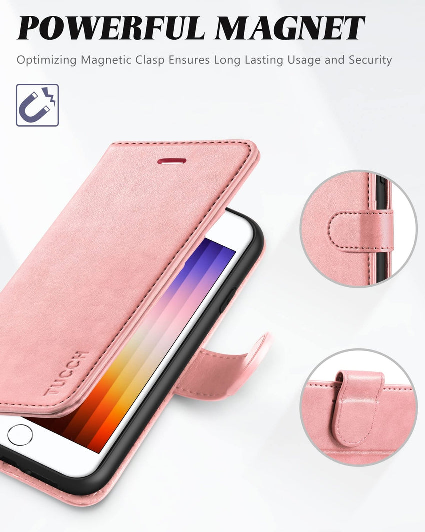 iPhone SE 2022/ iPhone 7/8/iPhone SE 2020, PU Leather 3 Card Slots Stand Magnetic Flip Folio Cover TPU Shockproof Inner Shell, Black - 7DAY'S