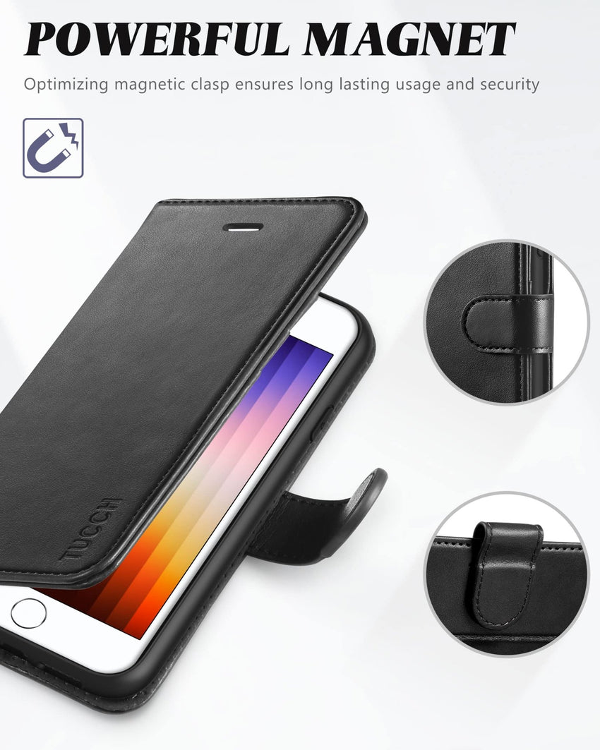 iPhone SE 2022/ iPhone 7/8/iPhone SE 2020, PU Leather 3 Card Slots Stand Magnetic Flip Folio Cover TPU Shockproof Inner Shell, Black - 7DAY'S