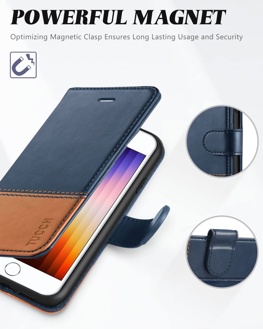 iPhone SE 2022/ iPhone 7/8/iPhone SE 2020, PU Leather 3 Card Slots Stand Magnetic Flip Folio Cover TPU Shockproof Inner Shell, Black - 7DAY'S