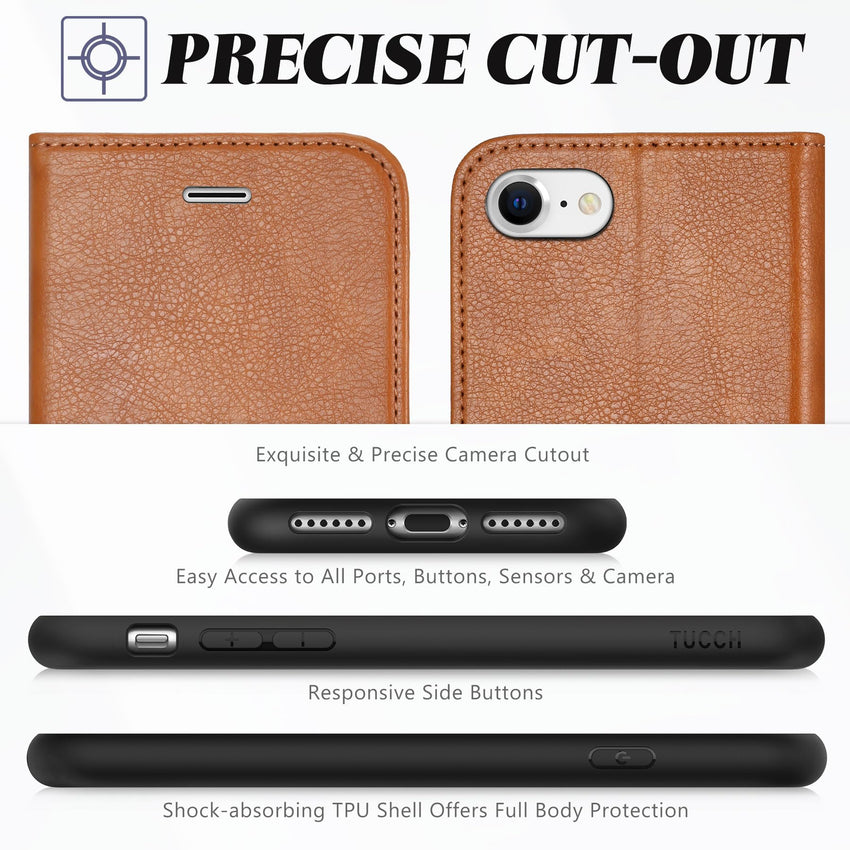 iPhone SE 2022/ iPhone 7/8/iPhone SE 2020, PU Leather 3 Card Slots Stand Magnetic Flip Folio Cover TPU Shockproof Inner Shell, Black - 7DAY'S