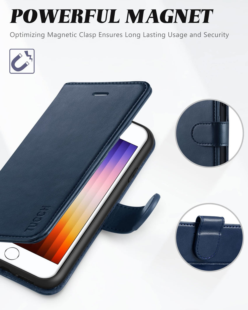 iPhone SE 2022/ iPhone 7/8/iPhone SE 2020, PU Leather 3 Card Slots Stand Magnetic Flip Folio Cover TPU Shockproof Inner Shell, Black - 7DAY'S